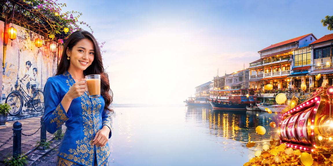Pemain wanita berbaju kurung menikmati permainan slot dalam talian di Pulau Pinang